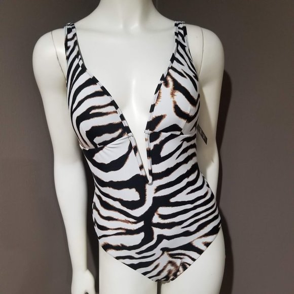 Bar III Printed V-Neck One-Piece Swimsuit Zebra Size Small - Picture 2 of 10